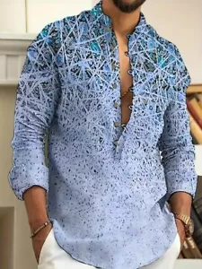 Men’s Button Up Long Sleeve Henley Shirt Stylishly Printed Blue Fashion Soft - Picture 1 of 3