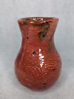 Art Pottery Vase 4&quot; Orange/Brown/Tan Signed Etched Wavy Pattern Glazed
