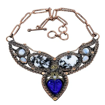 Collar de cadena turquesa búfalo blanco piedra cara tallada azul cobre joyería Foto 1 de 4