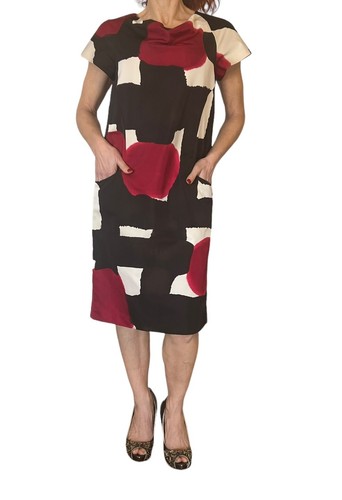 ABITO TUBINO VINTAGE MOSCHINO ECONOMICO E CHIC RASO ASTRATTO MULTI CAPPUCCIO MANICA 10