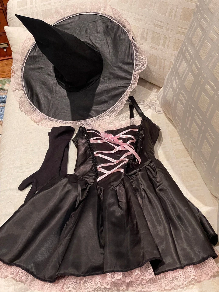 Fantasia de Bruxa: Vestido - Chapéu - Pacote de Luvas Adolescentes Júnior Tamanho 0-9 Acabamento Preto/Rosa - Imagem 1 de 4