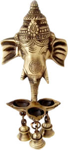 Ganesha Wall Hanging Deepak with Bells, Home / Wall Decor Diya (Antique) Brass - Picture 1 of 3