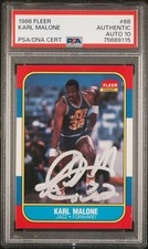 KARL MALONE #32 SIGNED JAZZ 1986 FLEER BASKETBALL ROOKIE CARD PSA AUTO 10 #68