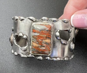 Artisan Made Brutalist Cuff Bracelet, Stainless Steel, Copper, Stones, 6” - Picture 1 of 12