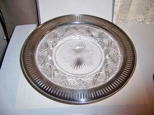 Plato de Plata Vintage Borde Borde Plato con Cristal Corte Brillante Plato de Vidrio 10 i - Imagen 1 de 6
