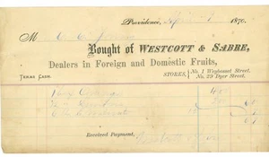 9 aprile 1870 Westcott & Sabre, frutta straniera e domestica, Providence, RI Billhead - Foto 1 di 3
