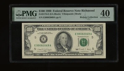 DBR 1990 $100 FRN Richmond Fr. 2173-E PMG XF-40 Serial E99082069A - Image 1 of 2
