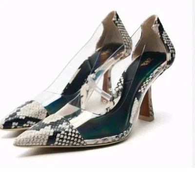 Zara Snake Skin Print Mules Slides Heels Black Nude Clear Vinyl Size 36 US 6 - Image 1 of 4