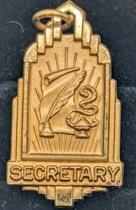 1930s Art Deco FHS Flushing High School "SECRETARY" 1.25" Golden Medal, HJ Co. - Picture 1 of 3