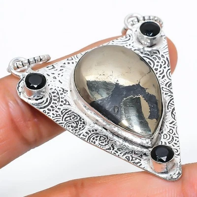 Pirita Ágata, Spinel Gema Hecho a Mano 925 Plata de Ley Joyería Colgante 5.7cm - Imagen 1 de 4