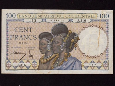 French Equatorial Africa:P-8, 100 Francs, 1941 * Local Women * VF- * - Image 1 of 2
