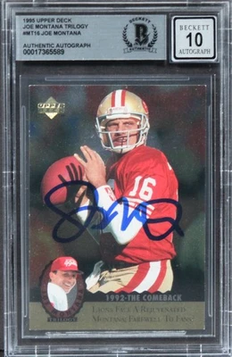 49ers Joe Montana Signed 1995 Upper Deck Trilogy #MT16 Card Auto 10! BAS Slab 1 - Image 1 of 2