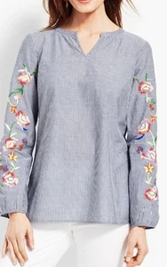 Ladies Talbots Top Blouse Floral Embroidered Grey White Stripes XL Bohemian - Picture 1 of 8