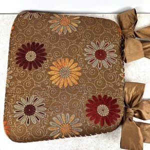 Set of 2 Reversible Chair Cushions W/Ribbon Brown-Gold-Floral-Striped 16” Deep - Picture 1 of 23