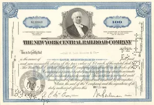 Certificado de acciones de 100 acciones de The New York Central Railroad Company azul - Imagen 1 de 1