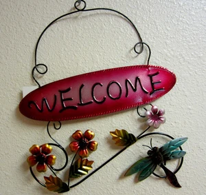 LIBELLE WILLKOMMEN SCHILD METALL METALL METALLIC TÜRKIS FARBIG HOF KUNST GARTEN DEKO  - Bild 1 von 5