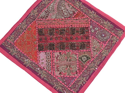 Living Room Accent Pillow - Hot Pink Wood Beads Patchwork Classic Cushion 16" - Image 1 of 2