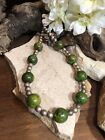 Vintage Silver Tone Green Marbled Bakelite Round Bead Beaded Necklace 52G, 17"