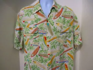 DCC Hawaiian Style Shirt, Beige with Cars, Surfboards, & Palms - Picture 1 of 7