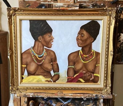 "Gossip Girls"  VANWINKLE ORIGINAL  African woman oil painting, signed 16x20 - Image 1 of 2