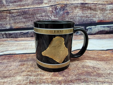 Purdue University Boilermaker’s Coffee Mug Black and Gold Trim & HAIL PURDUE Cover