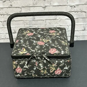 Vintage Sewing Box Black Pink Floral Handle 9in X 7in X 8in Made in Philippines - Picture 1 of 17