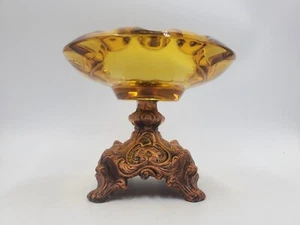 Vintage Amber Glass Brass Pedestal Ashtray - Picture 1 of 7