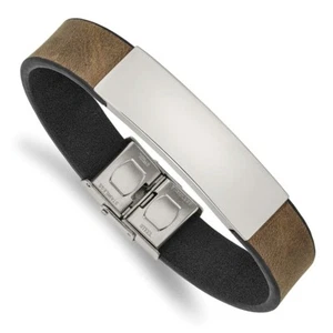 Stainless Steel Polished Brown/Black Leather 8.25in ID Bracelet - Picture 1 of 3