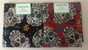 Fat Quarter Set of 2 Sugar Skulls Red and Black 100% Cotton Fabric 18x 21 Inches - Picture 1 of 10