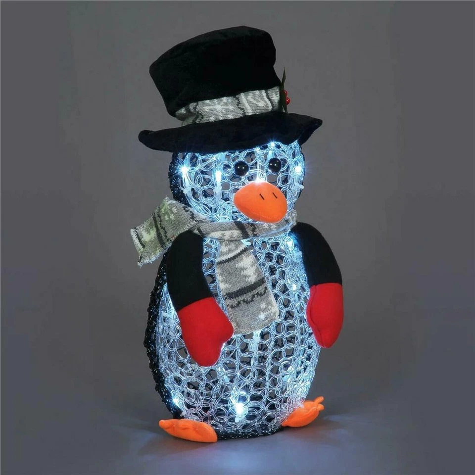 SNOWTIME Acrylic Penguin Christmas Decorations with Top Hat & Scarf Ice White LED Lights
