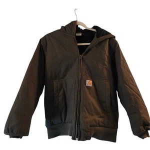 Carhartt Boys Quilted Lined Olive Hooded Jacket W/Zipper Chore Coat Barn Sz L - Picture 1 of 10