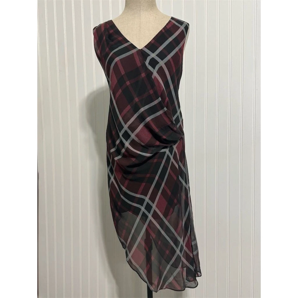 Vestido assimétrico xadrez Haute Hippie 100% seda novo com etiquetas Borgonha pequeno $365 - Imagem 1 de 4
