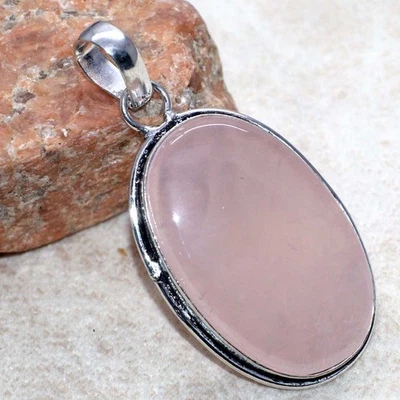 925 Silver Plated Rose Quartz Ethnic Pendant Handmade Jewelry Size 2.1" JW - Image 1 of 3