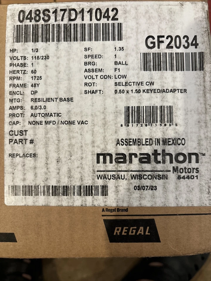 Marathon GF2034 Electric Motor 1/3 HP 1800 Rpm 1PH 115/230 Volt 48Y 048S17D11042 - Image 1 of 1