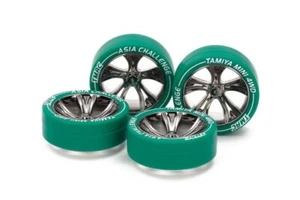 Tamiya 95686 Mini 4WD Parts Black Plated A-spoke Wheels w/Green Small Dia Tires - Picture 1 of 1