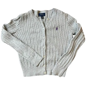 POLO RALPH LAUREN Girls Grey Cardigan Cable Knit Sweater Cotton Size M (8-10) - Picture 1 of 5