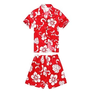 Juego de Pantalones Cortos de Camisa Aloha para Niño Pequeño Playa Hawai Crucero Luau Algodón Rojo Hibisco - Imagen 1 de 8