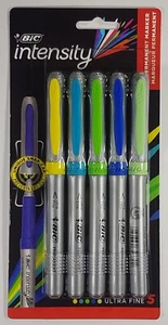 5pk BIC Intensity Permanent Markers Ultra Fine Unique Snap Cap Bright Colors. - Picture 1 of 2