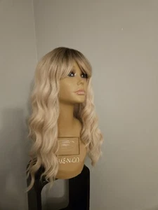 WOMEN'S WAVY MIXED BLONDE HIGHLIGHTS BANGS WIG DARKER ROOTS BEAUTIFUL - Picture 1 of 7