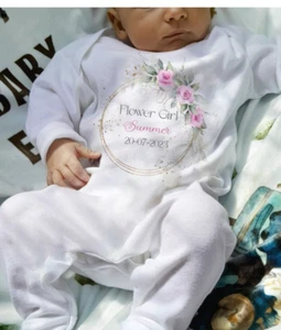 Conjunto babero mameluco bebé niña flor rosa personalizado, ropa de calidad para niños pequeños - Imagen 1 de 2