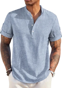 Herren Freizeit Henley Hemd Kurzarm Band Kragen Leinen Sommer Strand T-Shirts - Bild 1 von 11