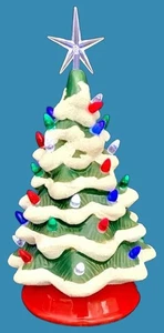 Green Flocked Ceramic 13 in. Christmas Tree Pre-Lit Hand Painted with Lights - Picture 1 of 4