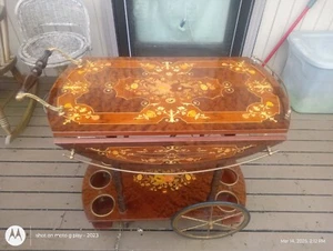 Vintage Italian Marquetry Tea & Bar Cart Metal & Wood Serving Drop Leaf  - Picture 1 of 4