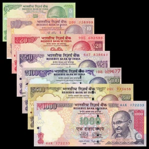 INDIA SET OF 7  (5+10+20+50+100+500+1000 RUPEES), RANDOM YEAR, UNC - Picture 1 of 2