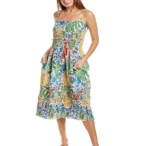 Vestido midi de azulejos tropicales Farm Rio para mujer playa vacaciones coqueta M - Imagen 1 de 8