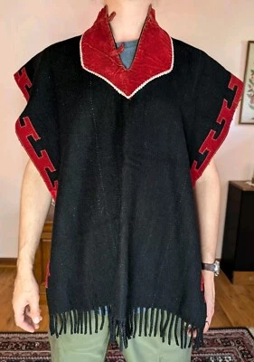 ОТЛИЧНАЯ ПАТИНА! Винтажный красный и черный майя шерсти пончо бархата богемное хиппи 1960-х - Изображение 1 из 4