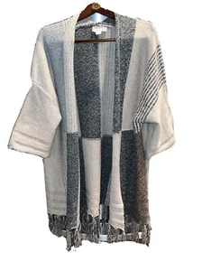 Lagenlook beige hellbraun Strick LONG Pullover 3/4 Arm vorne offen Cardigan Fransenabschlüsse - Bild 1 von 16
