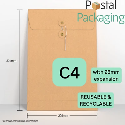 C4/A4 (324 x 229mm) Manilla Brown String & Washer Envelopes (Gusset) Button Tie - Image 1 of 4