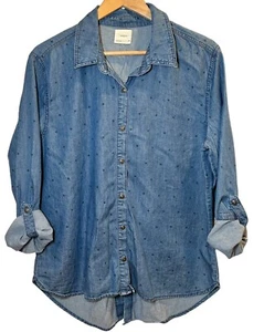 HARPER Star Print Denim Shirt Size MEDIUM Blue Roll Tab Sleeve Button Top Slit - Picture 1 of 12
