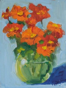 Orange Flowers in Vase Painting Abstract Flowers Original Wall Art Chrysanthemum - Picture 1 of 10